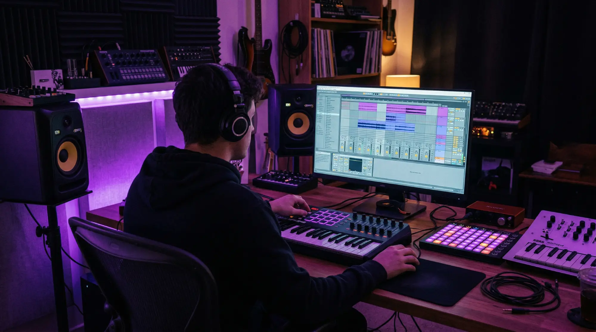 Productor en un estudio casero con equipamiento